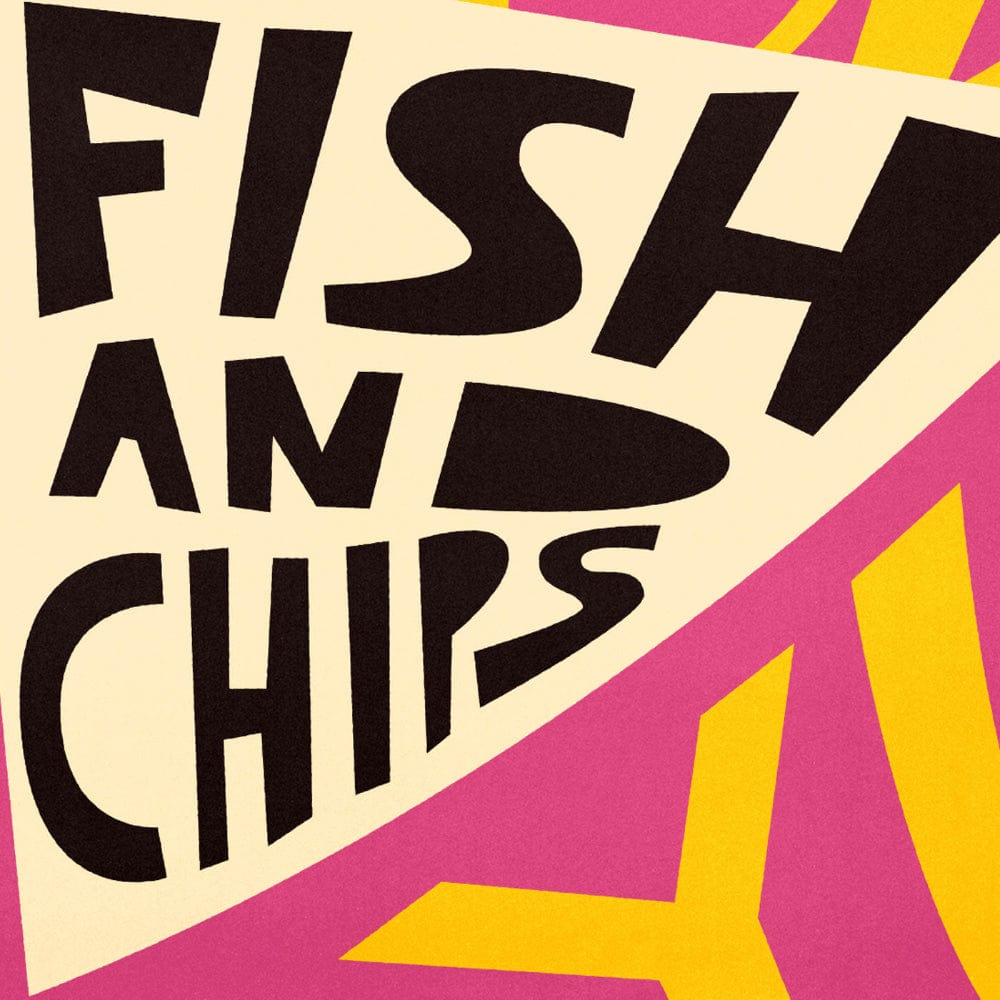 Close-up of striking black-and-cream ‘FISH AND CHIPS’ typography overlaid on a geometric cone shape.
