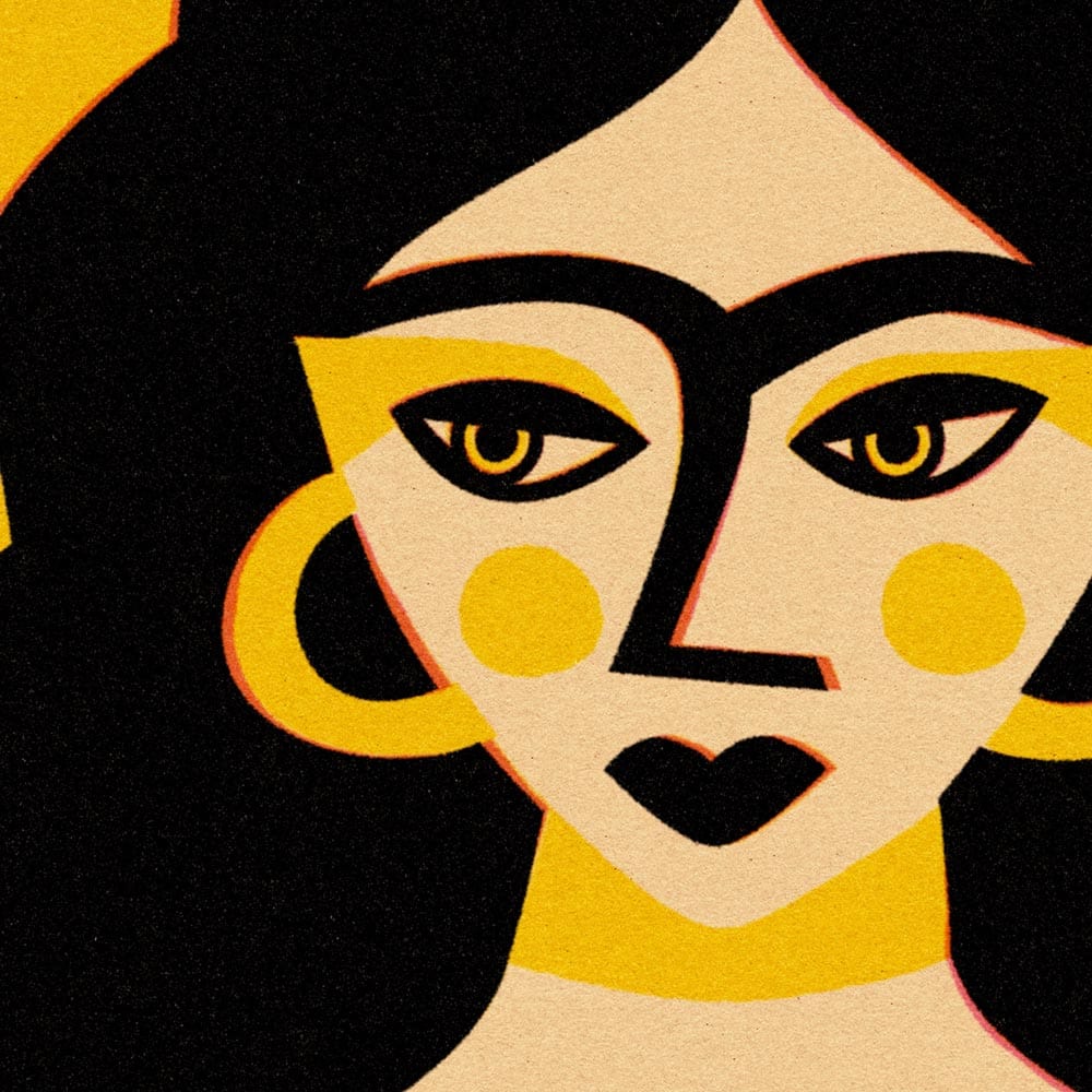Close-up detail of the Sun Goddess illustration showing stylised face and textured ink