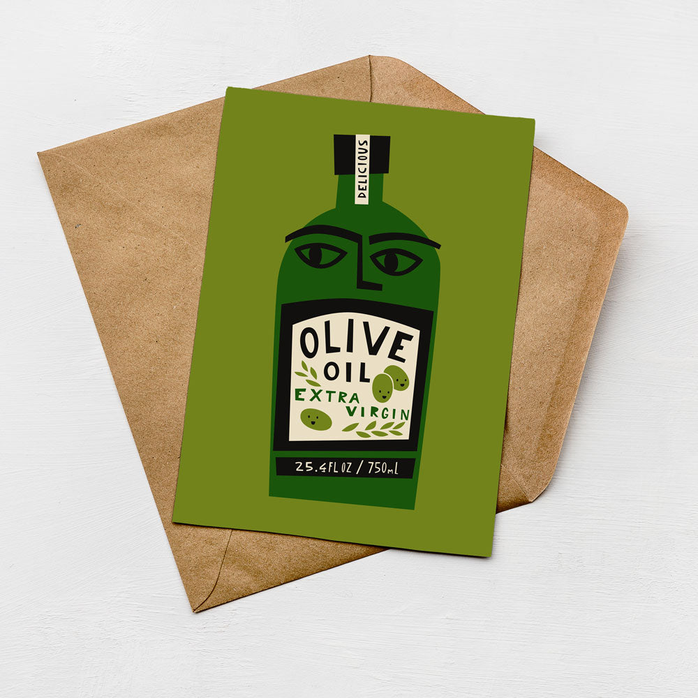 a green olive oil bottle with a label that reads "Extra Virgin Olive Oil" and "25.4 FL.OZ. / 750 ML".