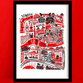 Illustrated London map print, bursting with red and black highlights, showcasing landmarks like Big Ben, the London Eye, and Tower Bridge.