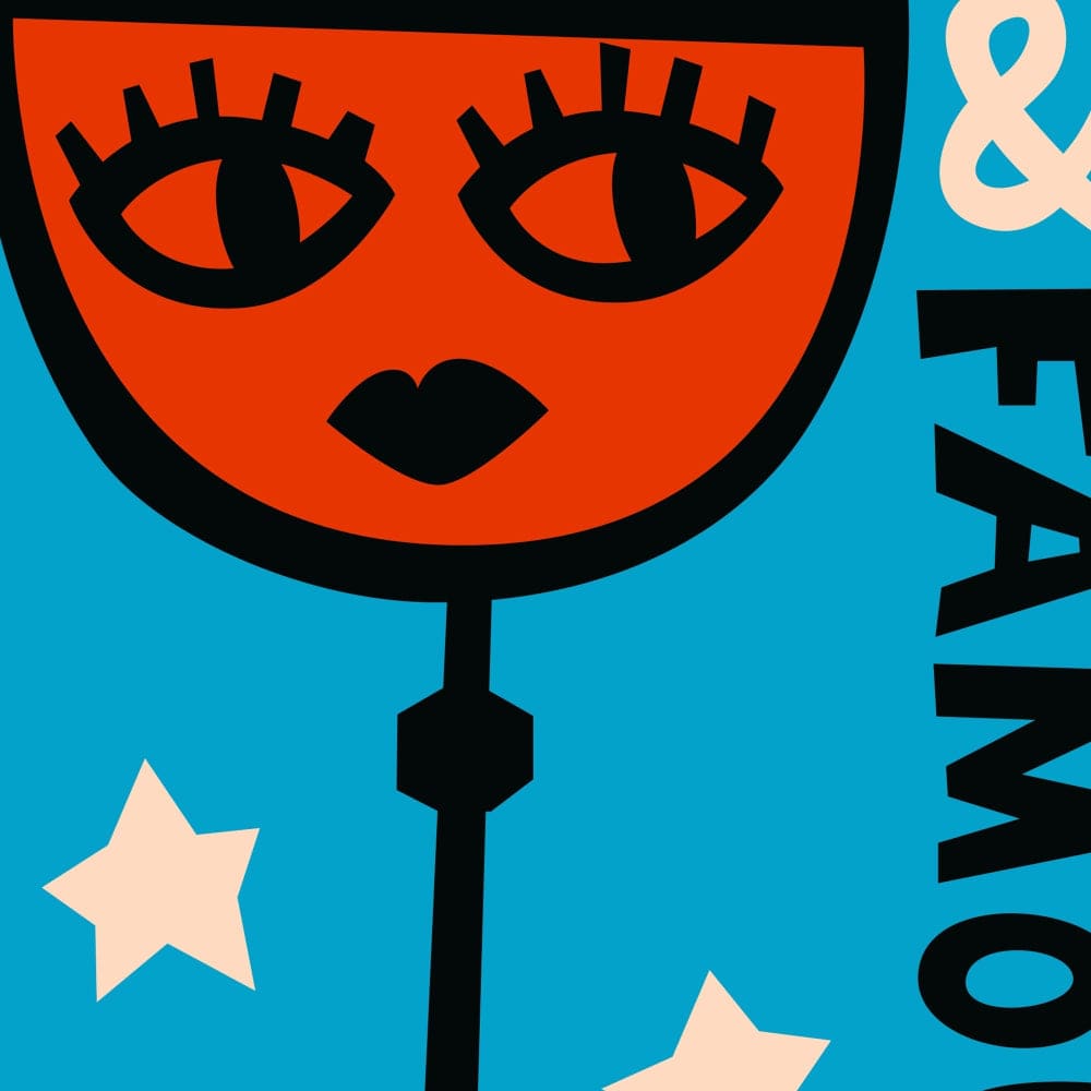 Close-up of the whimsical cocktail glass face, featuring striking eyes and soft cream stars that float against the vivid blue backdrop.