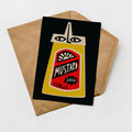 A card with a mustard bottle design and a brown envelope on a white background.