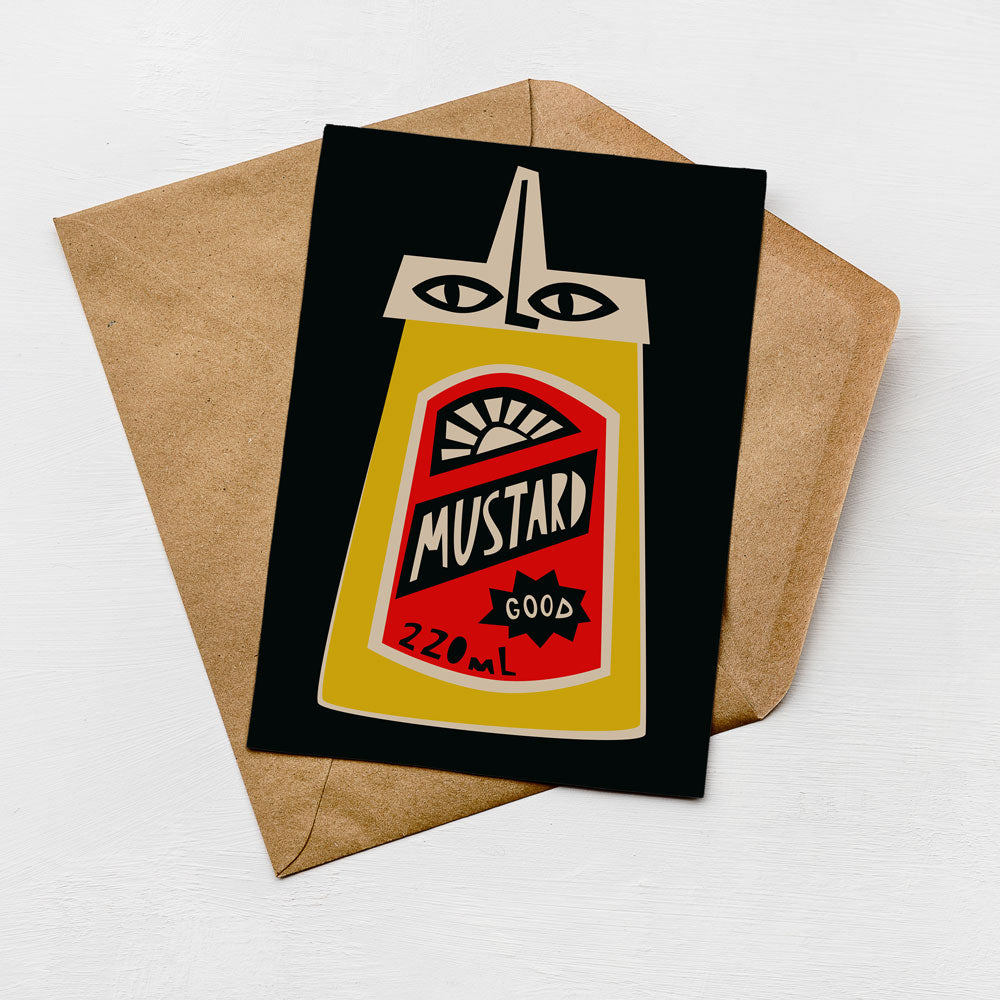 A card with a mustard bottle design and a brown envelope on a white background.