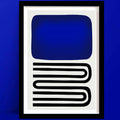 An out of the blue abstract art print, framed, with bold blue block and curved black lines, set against blue wall.