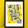 Our Manhattan new york map poster is a bold yellow silhouette, featuring iconic buildings and landmarks, drawn in a lively hand-cut style with crisp black lines.