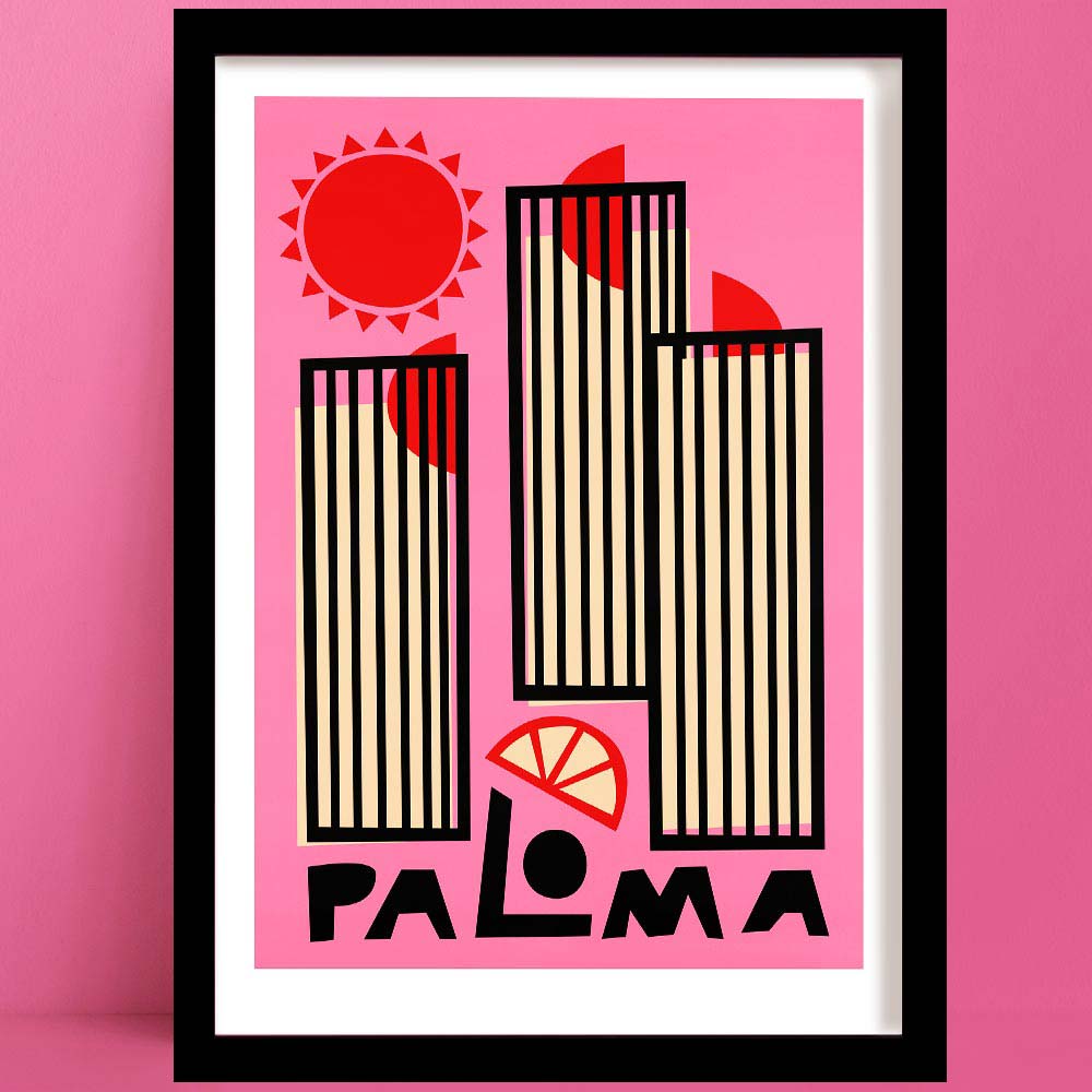 A bold and vibrant Paloma print featuring geometric high-rises in cream and black, set against a candy pink background with sun and citrus accents.