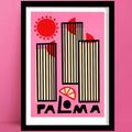 A bold and vibrant Paloma print featuring geometric high-rises in cream and black, set against a candy pink background with sun and citrus accents.
