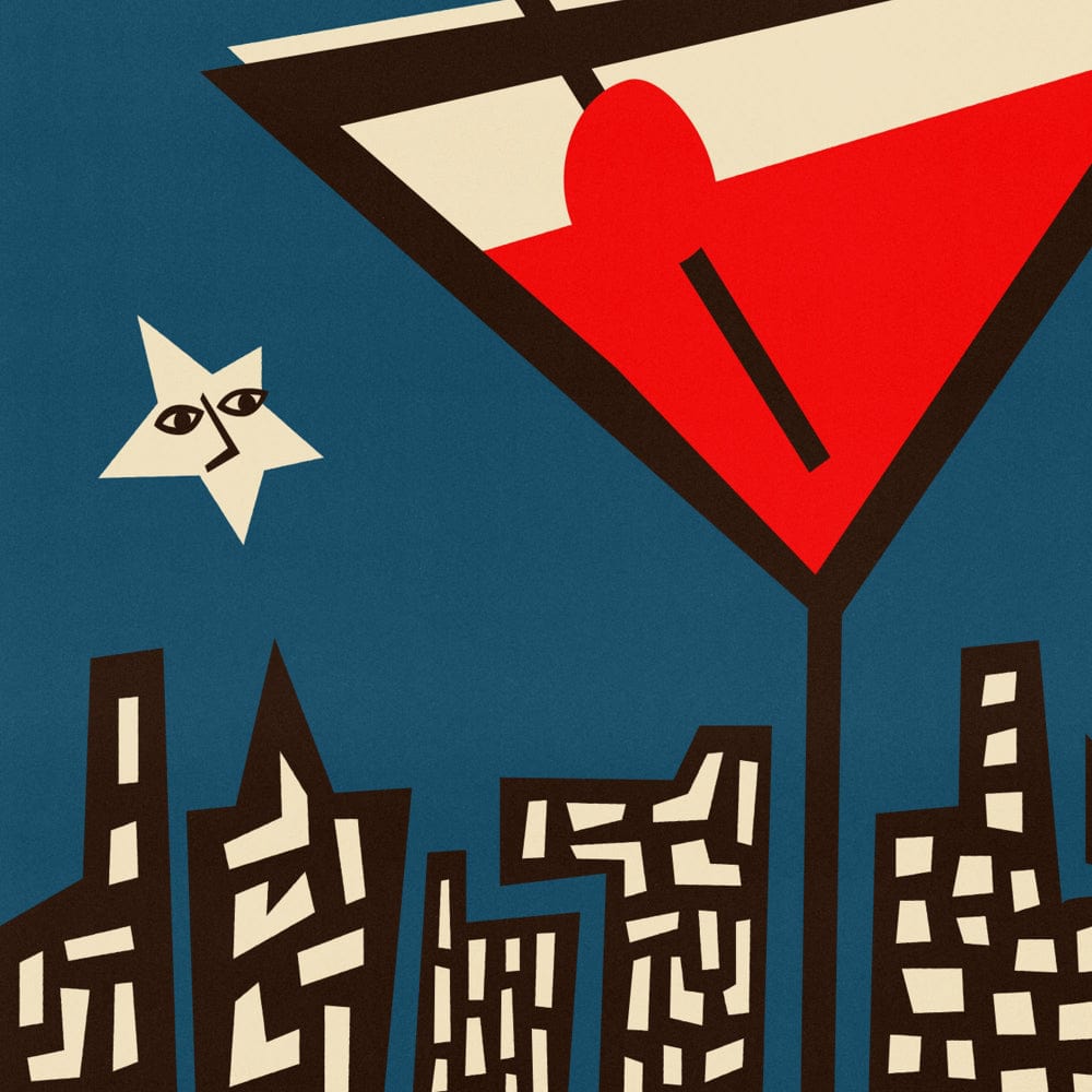 Close-up view of angular cocktail glass above hand-drawn buildings, with bold red and cream accents.