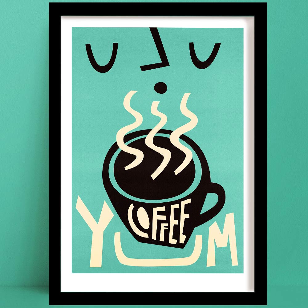 A coffee print featuring a Teal-toned style with a stylised face breathing in steam from a black coffee cup with “YUM” text below.