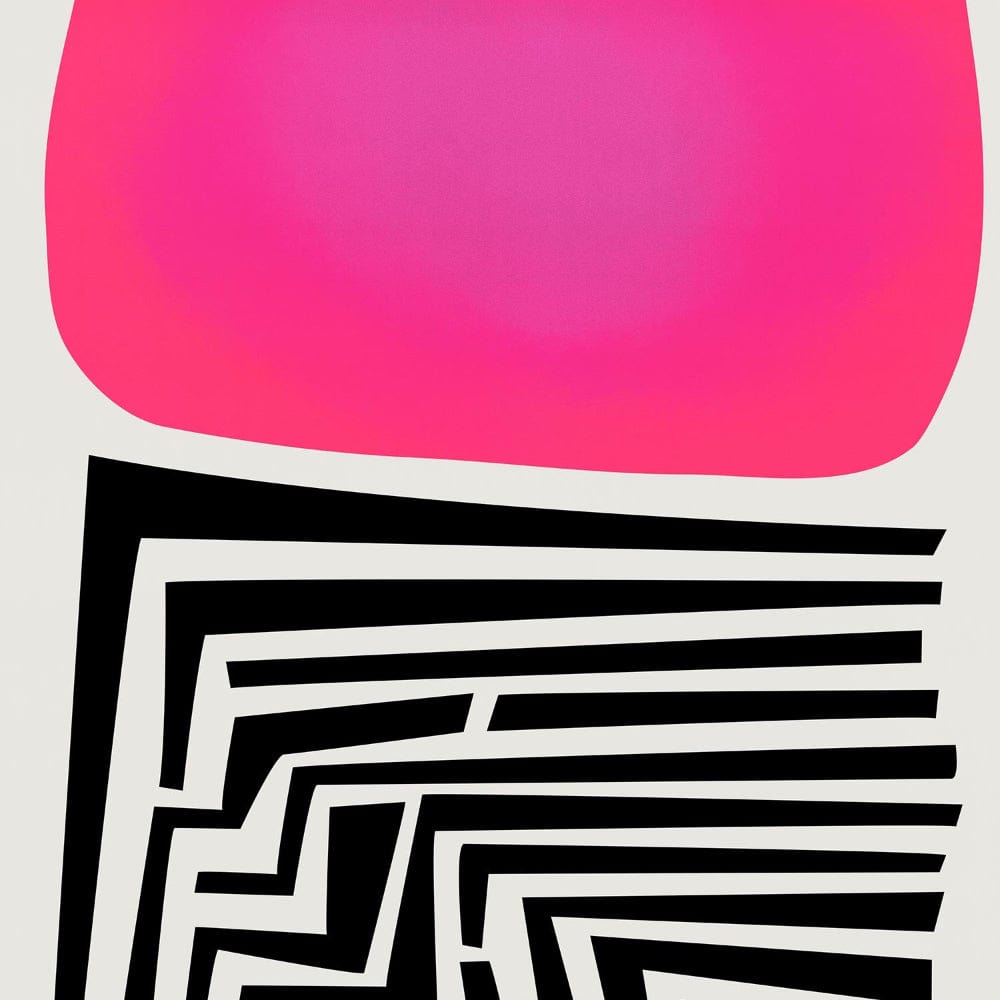 Zoomed-in view of expressive pink form paired with graphic black maze lines, bold and graphic in style.
