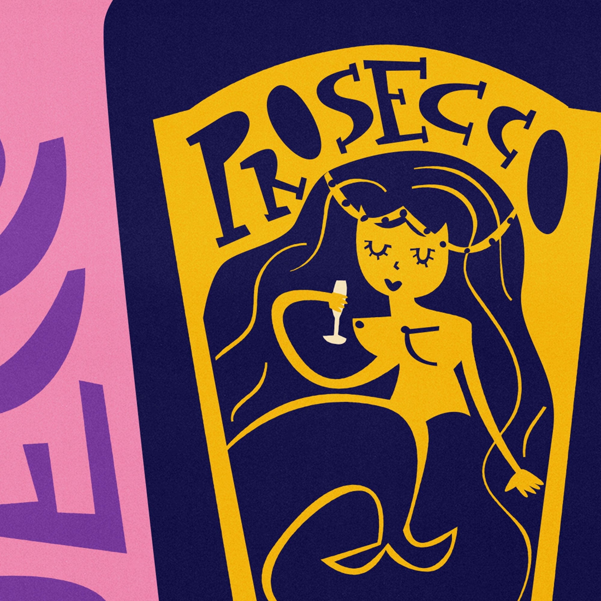 Stylised female figure label with hand-drawn flair, set inside a navy bottle on bold pink and yellow.