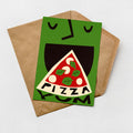 A green card with a playful design featuring a pizza slice and the word "PIZZA" written on it, placed on a brown envelope.