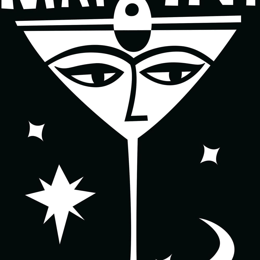 A close-up of the Martini print reveals bold linework and graphic shapes, with stars and moons floating beside the face inside the glass silhouette.