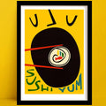 A sushi print featuring a bold graphic design of a person joyfully eating sushi, with expressive facial lines and oversized red chopsticks lifting a perfect sushi roll.