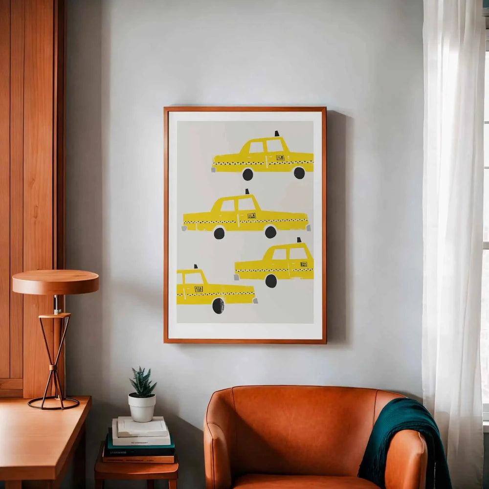 New York Taxi print in oak frame next to a desk